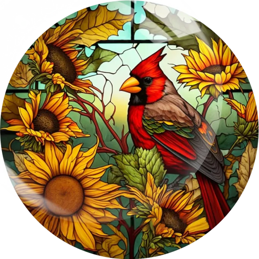 Red Cardinal With Sunflowers
