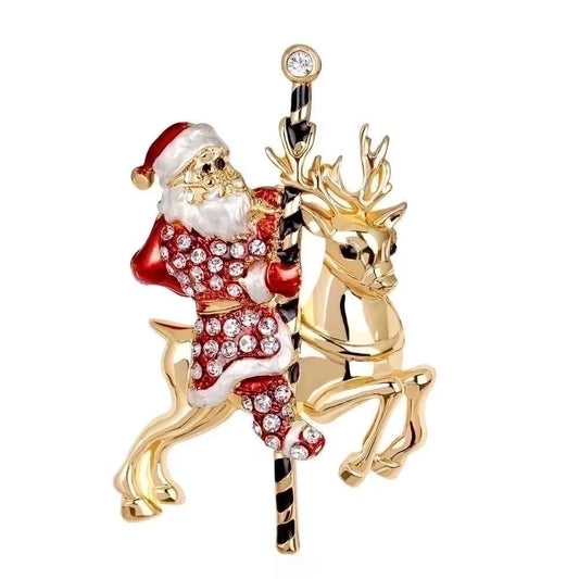 Santa On Reindeer Carousel Brooch